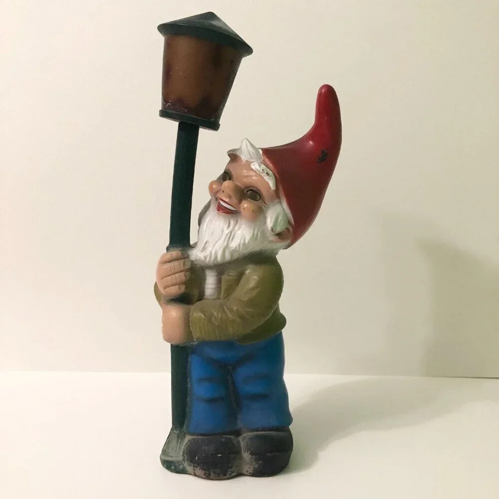 Vintage Zeho Garden Gnome Elf with Lamp Post Germany 13 Inch Tall Plastic